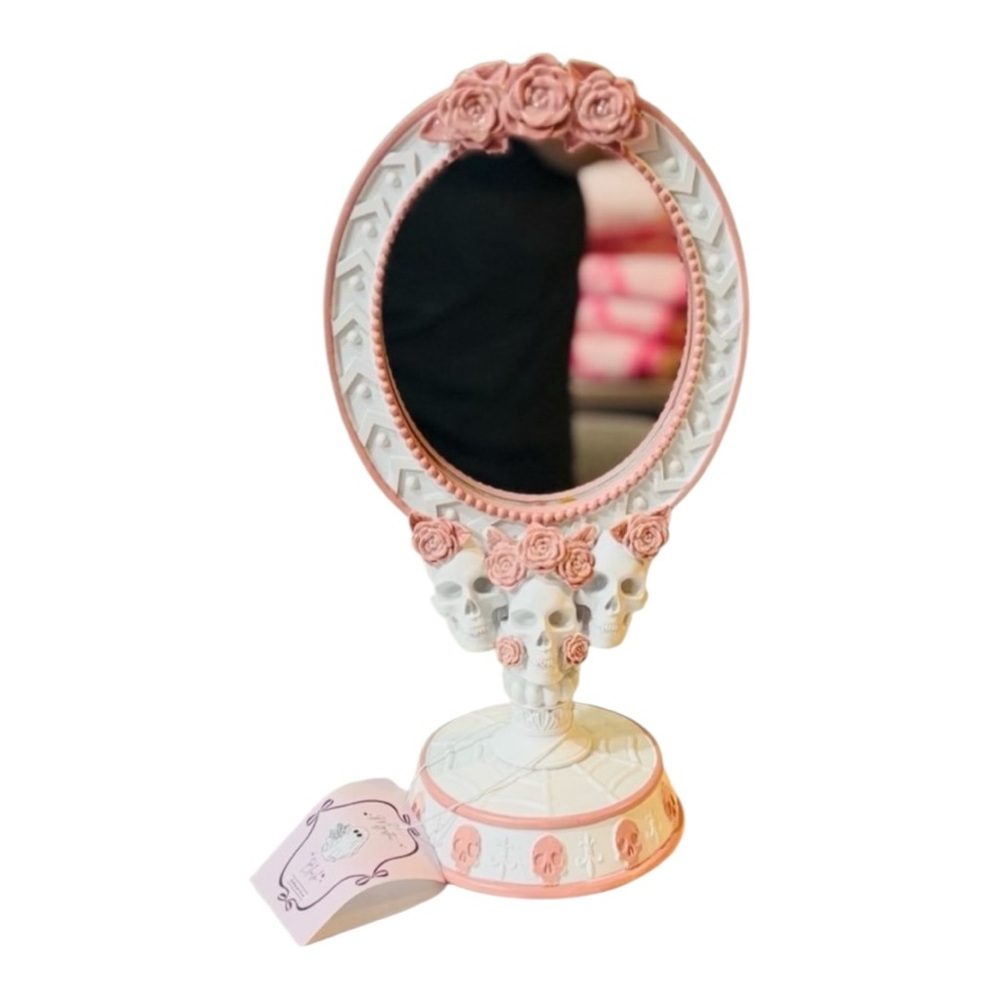 Pink & White Skulls & Roses Antique Style Coquette Tabletop Mirror Decor